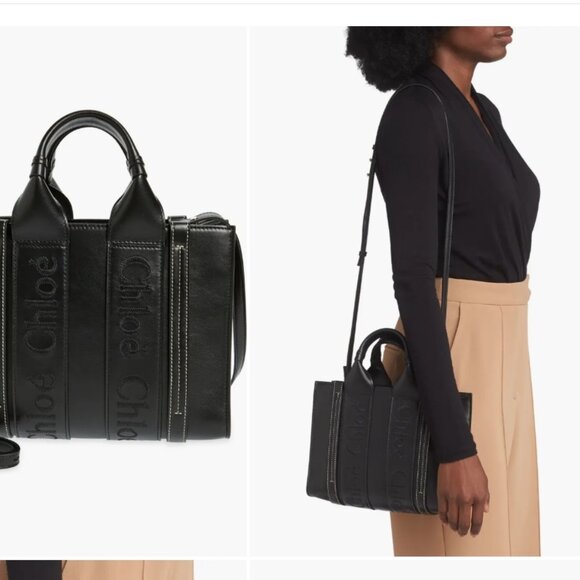 Auth Chloe Woody Small Tote Bag Black Smooth Calfskin - Picture 4 of 10